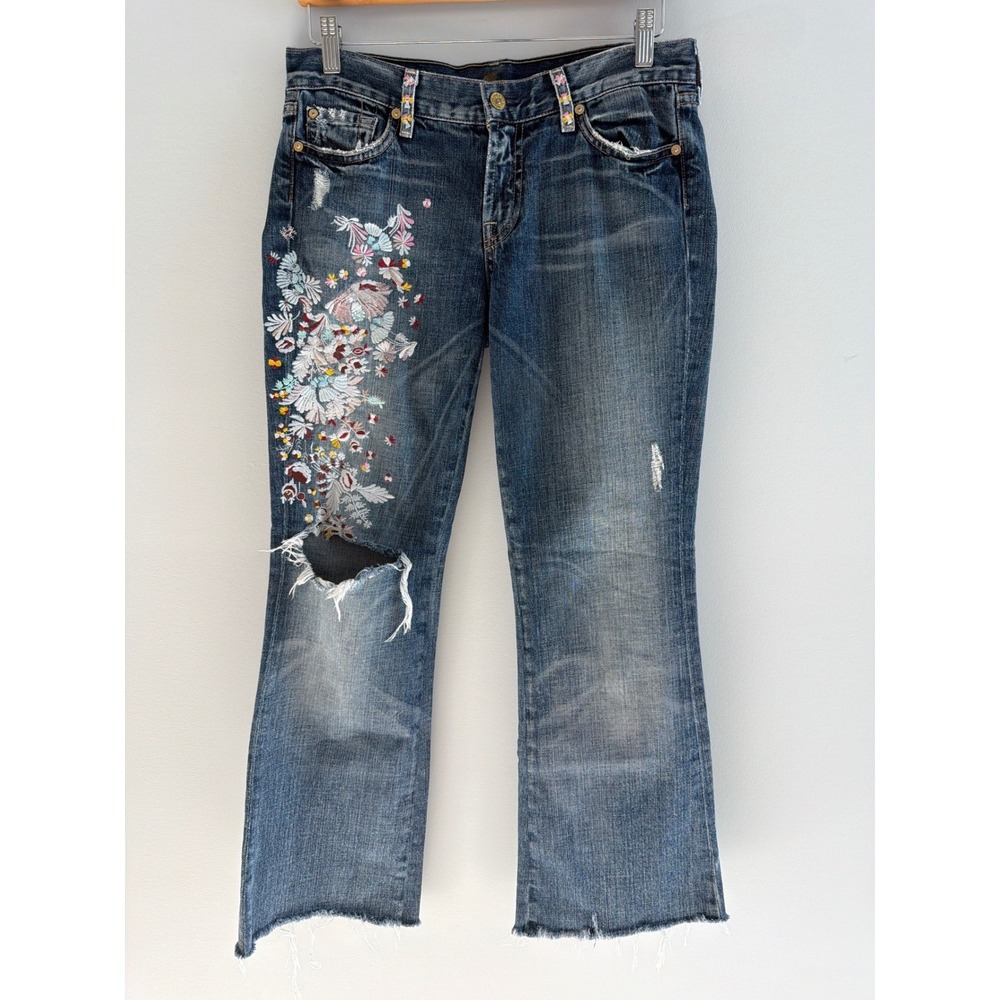 Zac Posen 7 For All Mankind Embroidered Bootcut Jeans Distressed Floral 28
